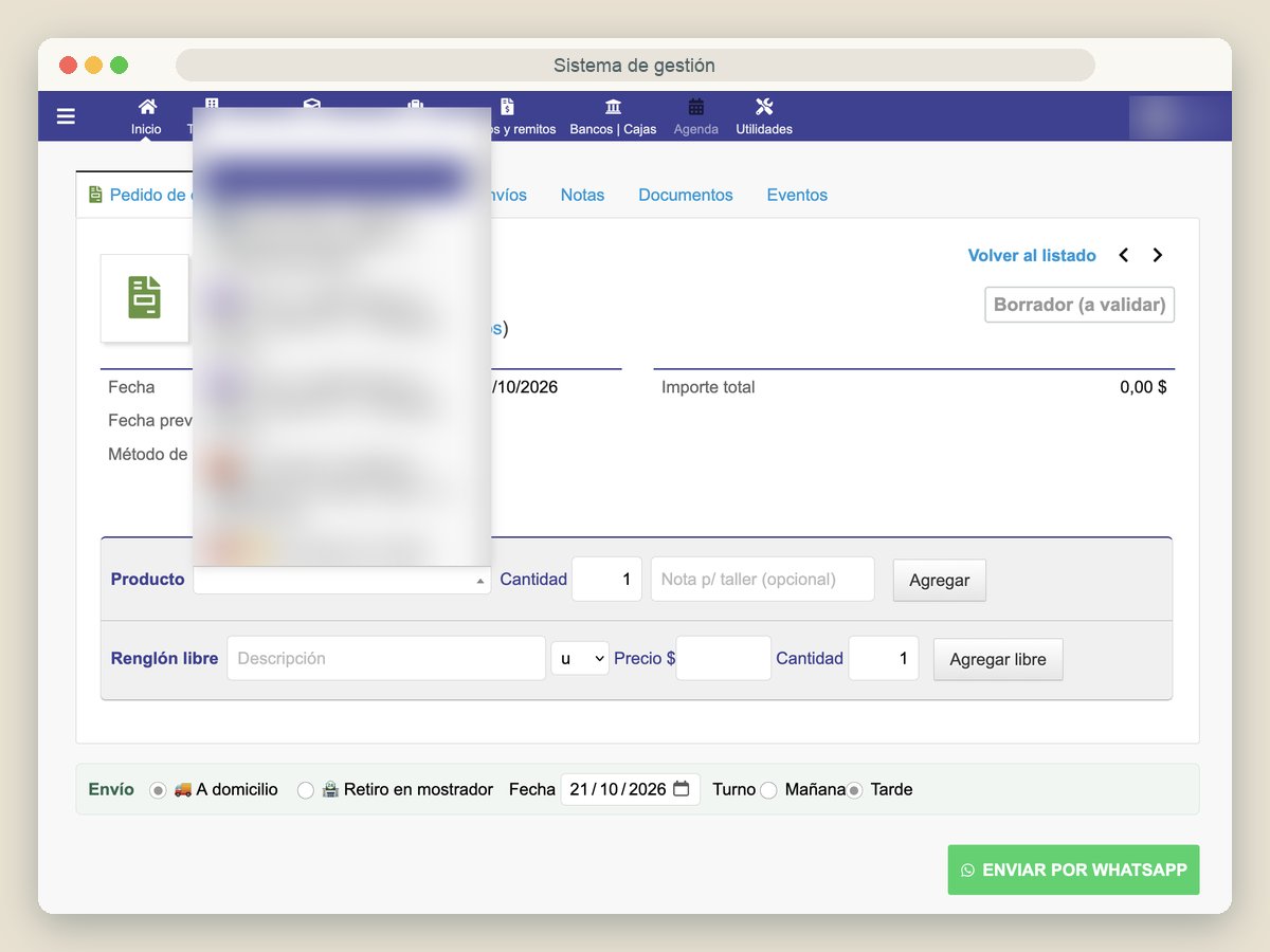 Carga de un pedido con envío y aviso por WhatsApp, con los datos ocultos