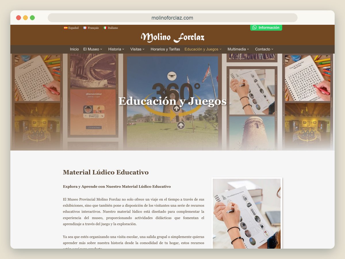 Sección Educación y Juegos del Molino Forclaz, con recorrido 360 y material lúdico